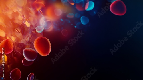An abstract visualization of human blood cells with colorful, flowing representations of red and white blood cells, set against a dark