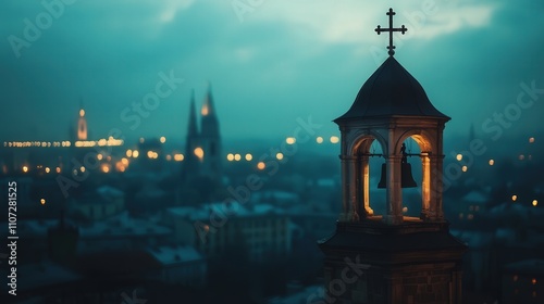 church bell tower in the city, captured at dusk with the lights of the city beginning to shine, offering a contrast between the quiet solemnity