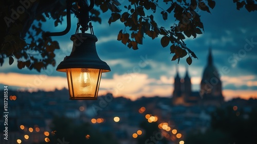 church bell tower in the city, captured at dusk with the lights of the city beginning to shine, offering a contrast between the quiet solemnity