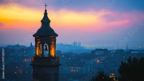 church bell tower in the city, captured at dusk with the lights of the city beginning to shine, offering a contrast between the quiet solemnity