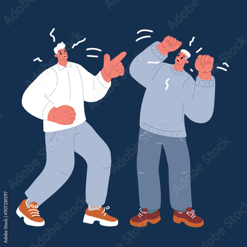 Cartoon vector illustration of two men arguing and having a heated disagreement