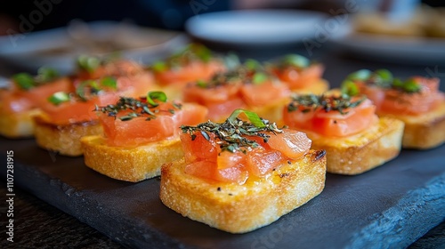 Gourmet Canapes at a Sophisticated Event.Concept of Fine dining,culinary artistry, event catering,luxury lifestyle,Catering companies,event planners,luxury hotels,high-end restaurants.