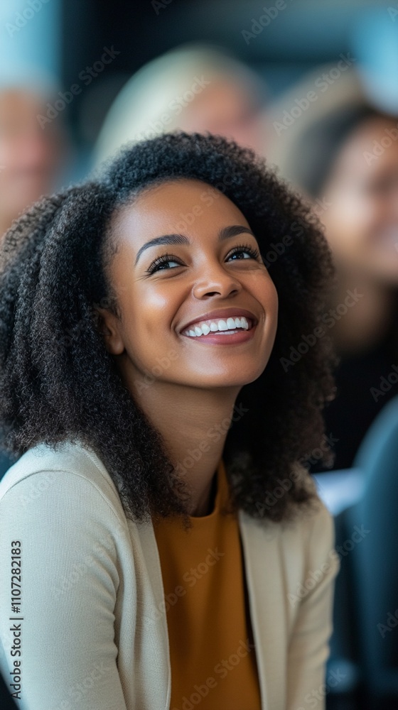 Professional businesswoman with natural curly afro hair and bright authentic smile wearing beige blazer and mustard top during corporate meeting or conference Professional businesswoman with natural curly afro hair and bright authentic smile wearing beige blazer and mustard top during corporate meeting or conference
