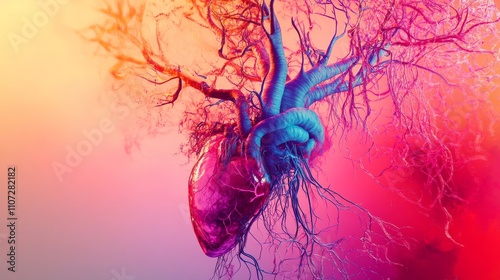An abstract visualization of the human circulatory system with vibrant, animated depictions of blood flow and heart function, set against a modern