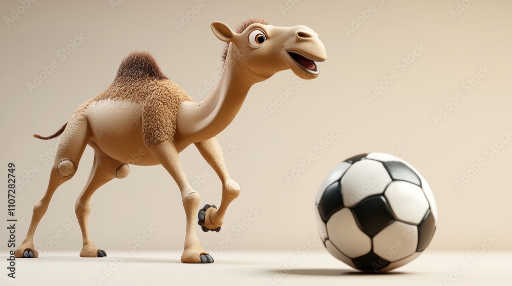 Naklejka premium A cartoon camel playfully interacts with a soccer ball in a fun setting.