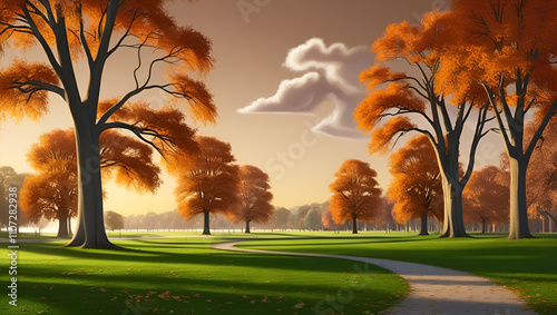 Autumn landscape with autumn trees ,a painting of an autumn scene with trees and a path,season with colorful flowers and trees in a pretty meadow or field