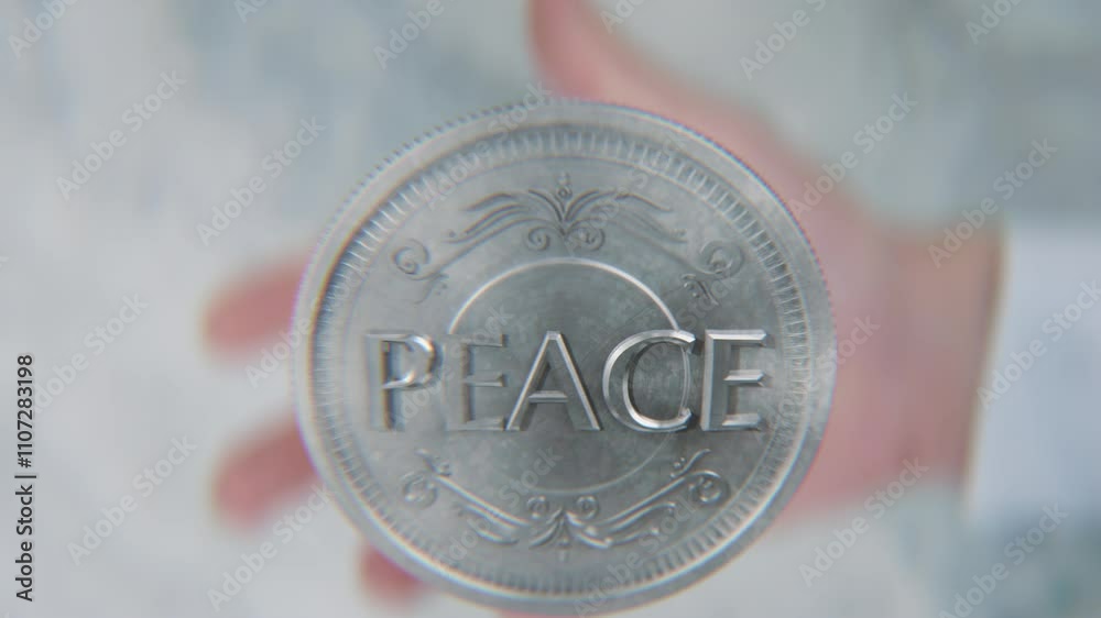 A hand flips a coin marked War and Peace, spinning toward the camera in slow motion