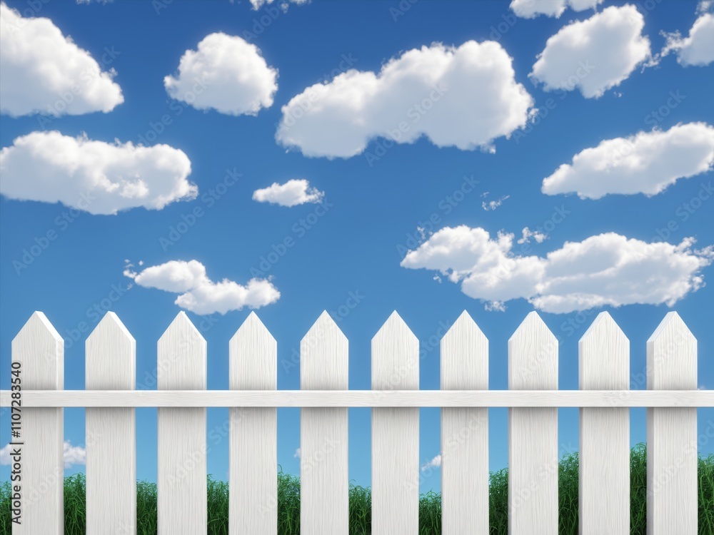 White picket fence against a blue sky with fluffy clouds White picket fence against a blue sky with fluffy clouds