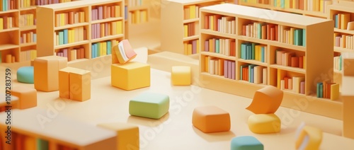 A colorful, minimalist library space with bookshelves and soft seating for reading.