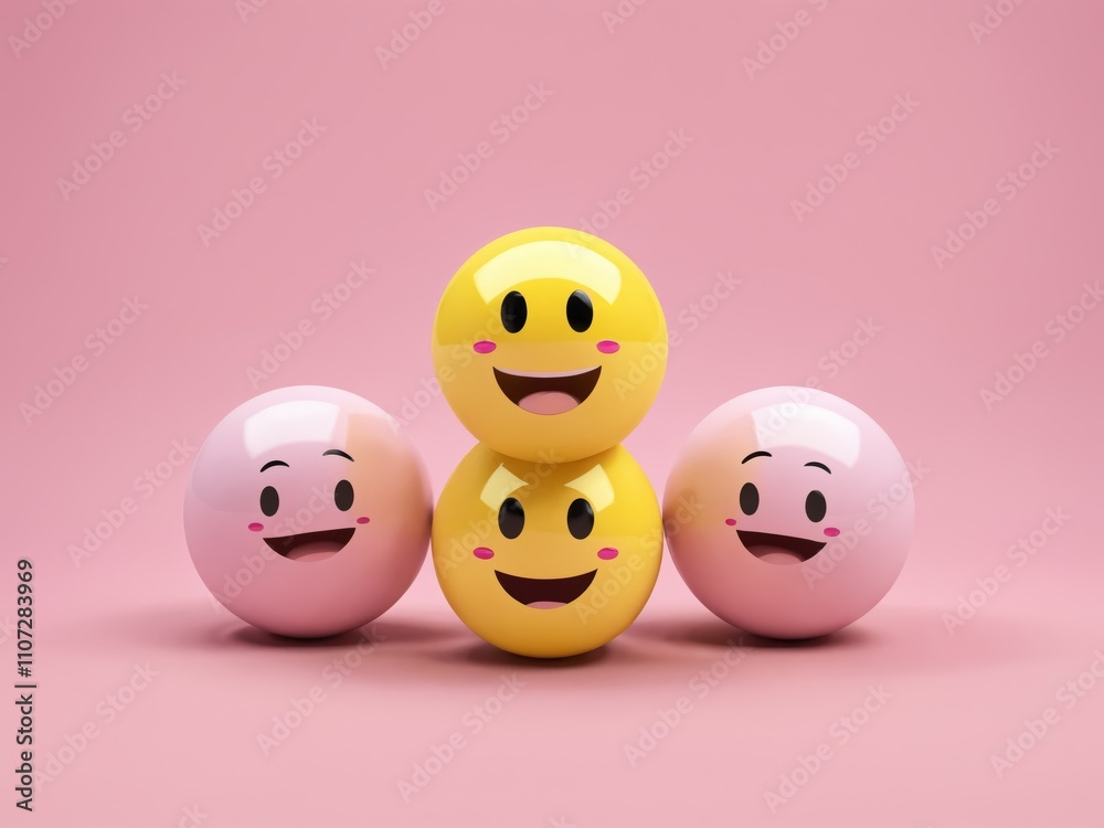 Three smiling emoticon spheres on pink background Three smiling emoticon spheres on pink background