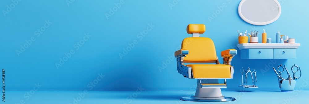 Fototapeta premium A bright barber shop scene featuring a yellow chair and tools against a blue background.