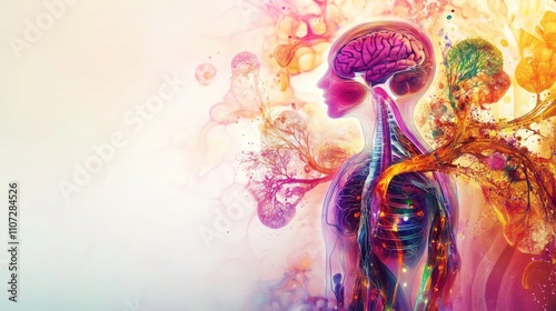 An abstract visualization of the human endocrine system with colorful, flowing depictions of glands and hormonal pathways, set against a modern