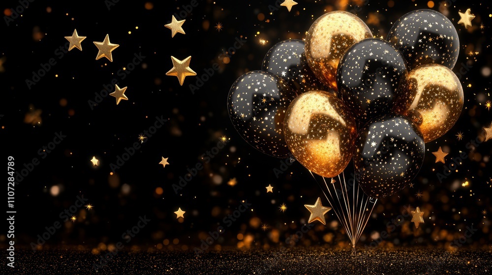 Naklejka premium A Black and Gold Balloon Display,Sparkly Celebration: A Versatile Background for Any Event.Concept of Celebration, new beginnings, luxury, elegance, festive,Event planning, party supplies.