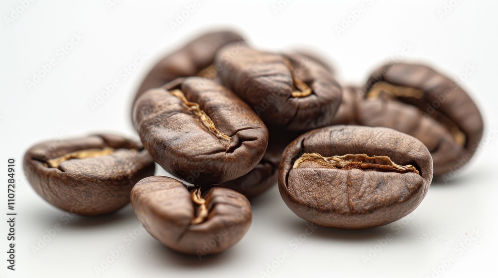 Obraz premium Group of coffee beans with visible oils on a white background, macro photography
