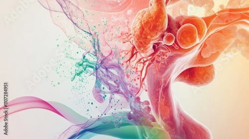 An abstract visualization of the human endocrine system with colorful, flowing depictions of glands and hormonal pathways, set against a modern