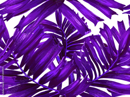 Africa Tropic Seamless Pattern. Swimwear Shirt Botanical Flower Background. Watercolor Leaves of Monstera, Palm and Jungle. Violet Purple White Hawaiian Botany Texture Design Large Leaf Aloha Rapport.