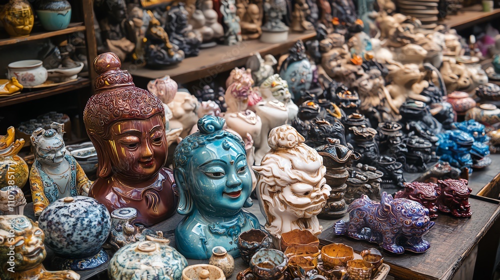A vibrant display of decorative statues and figurines. A vibrant display of decorative statues and figurines.