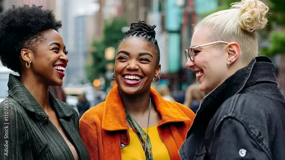A group of diverse women joyfully chatting on a city street, celebrating friendship and multicultural unity