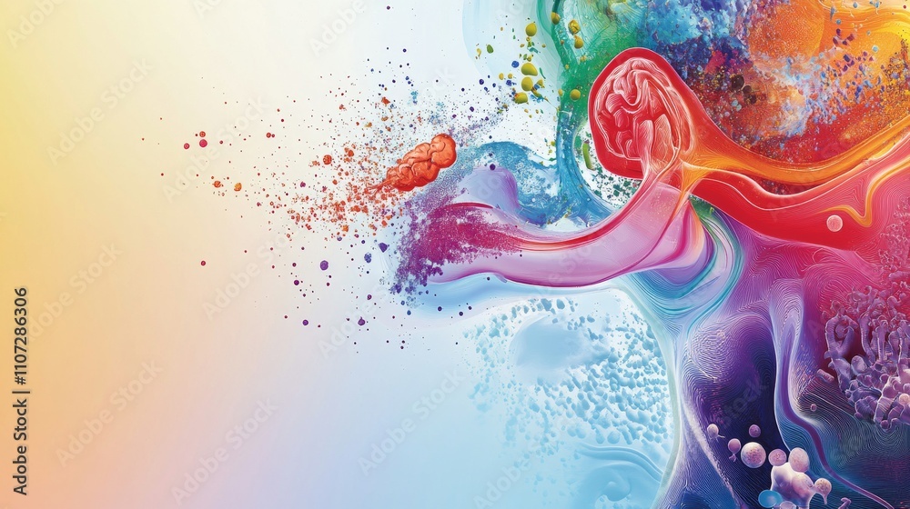 Fototapeta premium An abstract visualization of the human endocrine system with colorful, flowing depictions of various glands and hormones, set against a modern