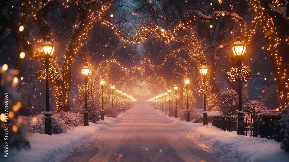 Magical snow-covered pathway with warm lights and falling snow at night. Magical snow-covered pathway with warm lights and falling snow at night.