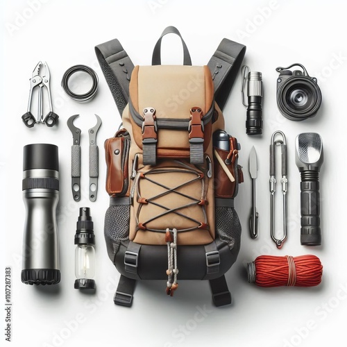 A compact backpack with camping gear such as a water bottle flas photo