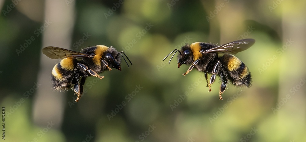Two bees flying in a blurred natural background. Two bees flying in a blurred natural background.