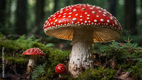  Mature Amanita Muscaria, Known as the Fly Agaric or Fly Amanita Healing and Medicinal Mushroom with Red Cap Growing in Forest