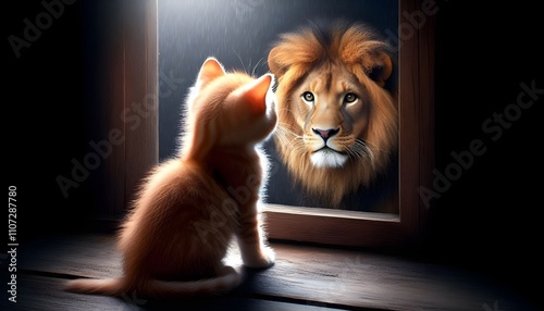 A kitten sees its reflection as a lion, symbolizing inner strength and transformation. photo