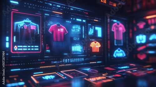 Fototapeta Naklejka Na Ścianę i Meble -  A digital display showcasing various sports jerseys in a futuristic interface.