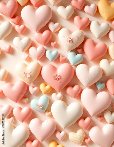 on a light background multi-colored hearts of different sizes
