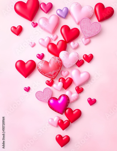 on a light background multi-colored hearts of different sizes