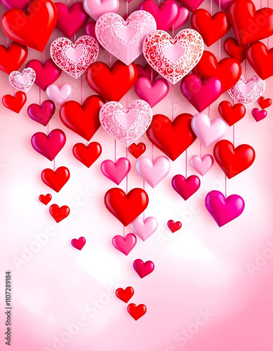 on a light background multi-colored hearts of different sizes