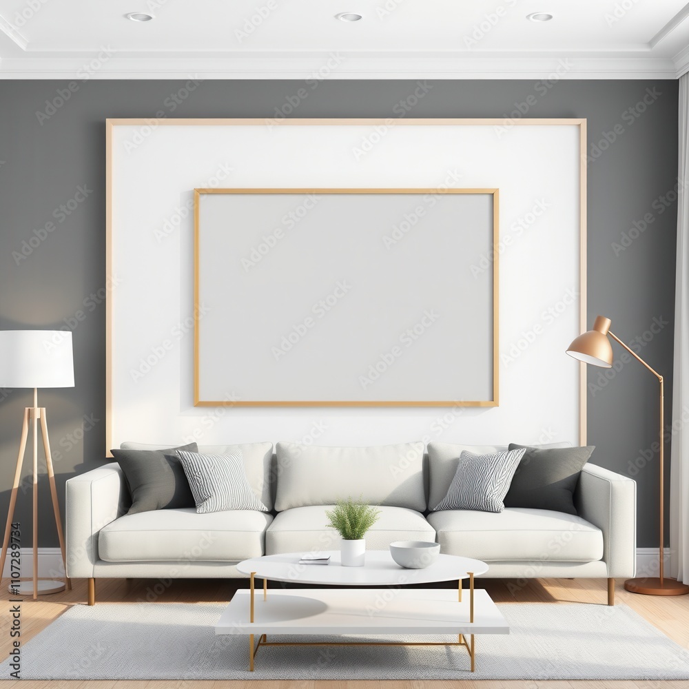 Oversized Vertical Poster Frame Mockup Above Sofa in Scandinavian Living Room Oversized Vertical Poster Frame Mockup Above Sofa in Scandinavian Living Room