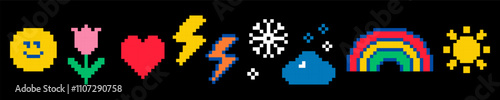 Cute emoji icon line. Y2k funny emoticon collage stickers. Sun, cloud, flower, rainbow, heart, smile. 8 bit retro style vector illustration. Set of pixel art game elements. Naive pattern design