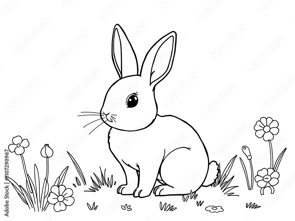 Obraz premium Adorable Hand-Drawn Bunny in a Spring Meadow. AI Generated