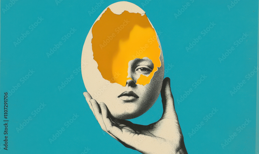 Surrealist Artwork Exploring Identity and Transformation Through a Symbolic Egg-Face Collage Surrealist Artwork Exploring Identity and Transformation Through a Symbolic Egg-Face Collage