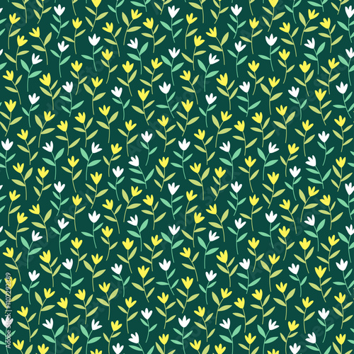 Cute floral background. Floral pattern with small yellow and white flowers on a dark green background. Seamless pattern for design and fashion prints. Ditsy style. Stock vector illustration.