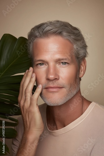 A man with a beard and gray hair is wearing a white shirt and standing in front of a green leafy plant