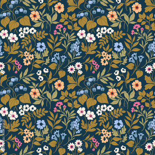 Vintage floral background. Floral pattern with small pastel colorful flowers on a dark blue background. Seamless pattern for design and fashion prints. Liberty style. Stock vector illustration.