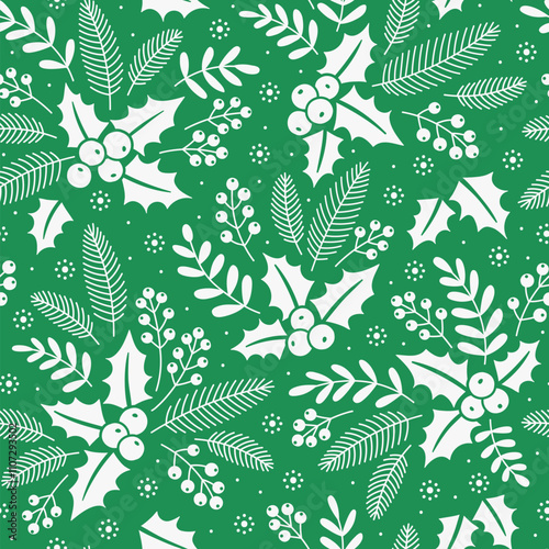 Seamless floral pattern with winter plants. Winter floral background. Colorful pattern with Christmas floral elements on a green background. Holiday design for Christmas and New Year fashion prints.