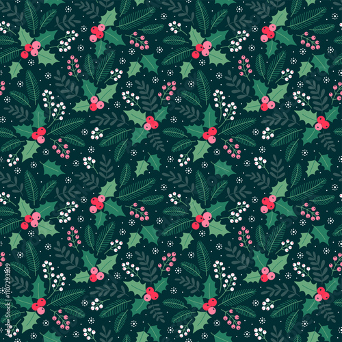 Merry Christmas, Happy New Year seamless pattern with winter flowers, holly leaves and berries for greeting cards, wrapping papers. Seamless winter pattern. Vector illustration. Hand drawn.