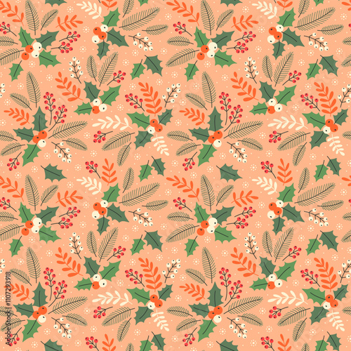 Seamless floral pattern with winter plants. Winter floral background. Colorful pattern with Christmas floral elements on a peach background. Holiday design for Christmas and New Year fashion prints.