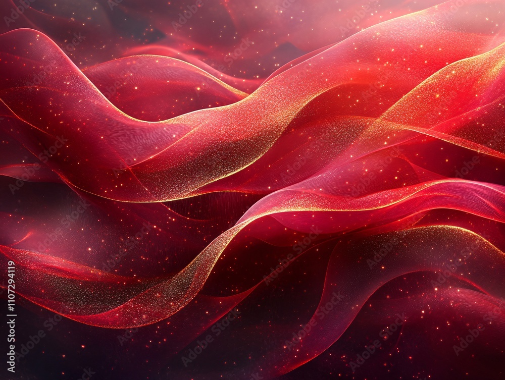 Obraz premium A vibrant abstract composition of flowing red waves with hints of shimmer, evoking a sense of motion and energy.
