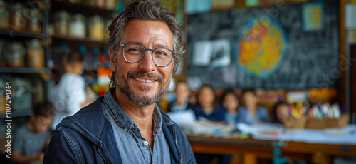 Teacher. Portrait of a happy handsome male teacher in the classroom