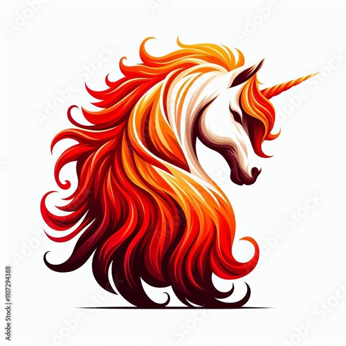 A unicorn with a coat that transitions from red to orange resemb
