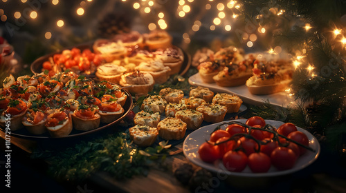 Fototapeta Naklejka Na Ścianę i Meble -  A Christmas Food Buffet: Delicious Appetizers and Festive Treats