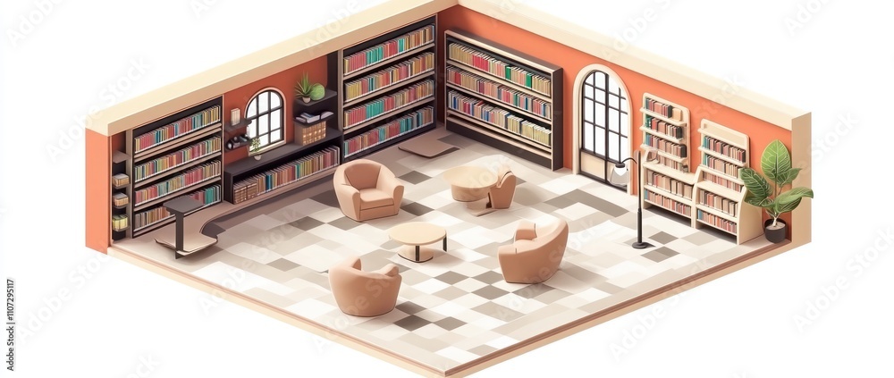 A cozy library space with bookshelves, seating, and plants for reading and relaxation. A cozy library space with bookshelves, seating, and plants for reading and relaxation.