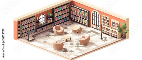 A cozy library space with bookshelves, seating, and plants for reading and relaxation.