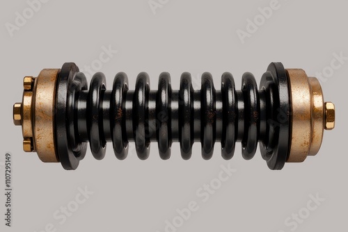 Detailed Close-Up of a Mechanical Spring Shock Absorber with Industrial Design Elements