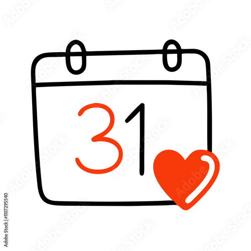 Calendar date 31 with heart symbol, playful and romantic design, cheerful and inviting atmosphere